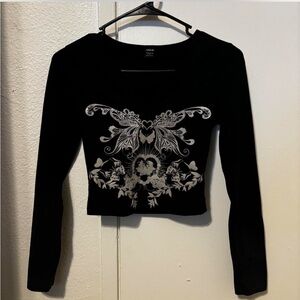 Black Long Sleeve Top with White Floral Design